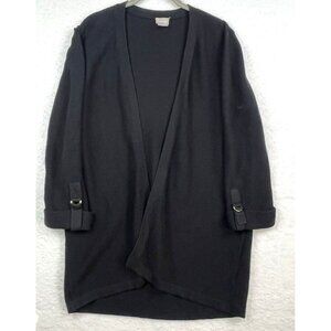 Chicos‎ Cardigan Jacket Large Solid Black Textured 3/4 Sleeve Open Cardigan